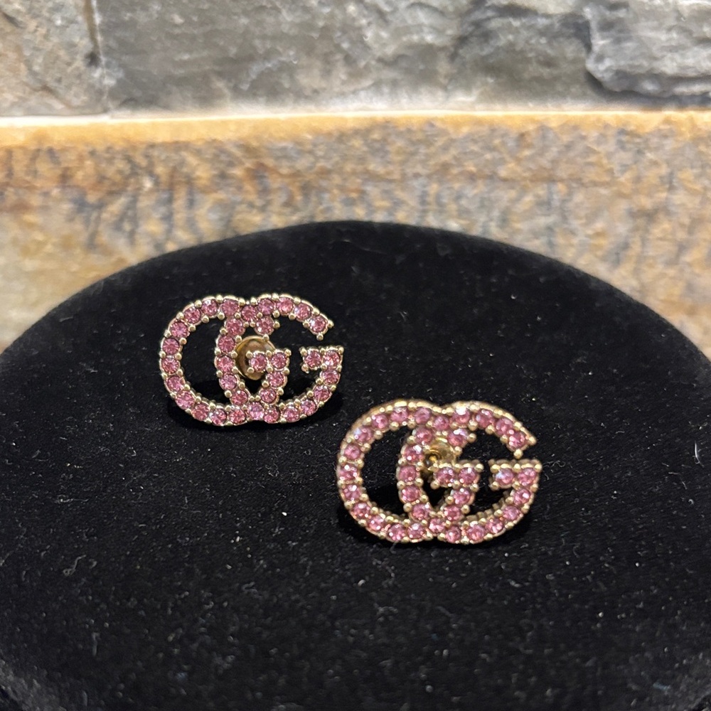 Gold Double G Pink Crystal Stud Earrings